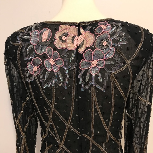 Vintage Black Silk Beaded Sequin Flower Dress S - Picture 6 of 6